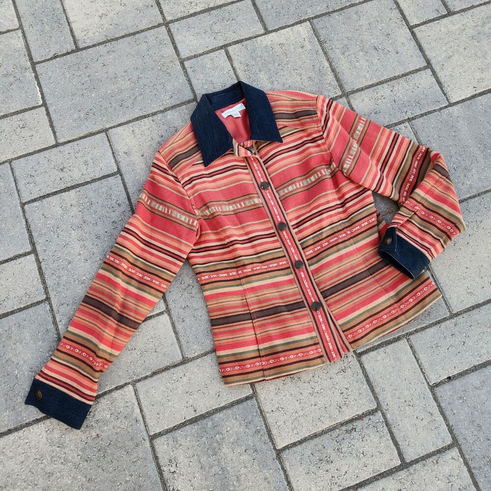 Coldwater Creek Wmn's Red Orange Saltillo Style Striped Southwestern Jacket Sz S